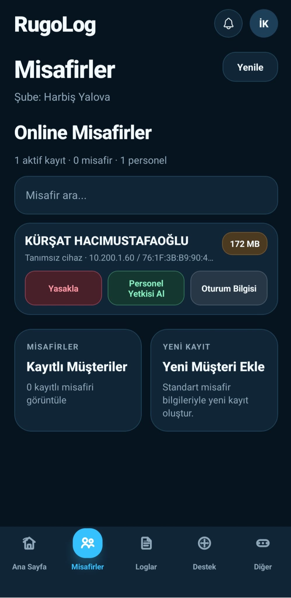RugoLOG mobil misafirler ekranı