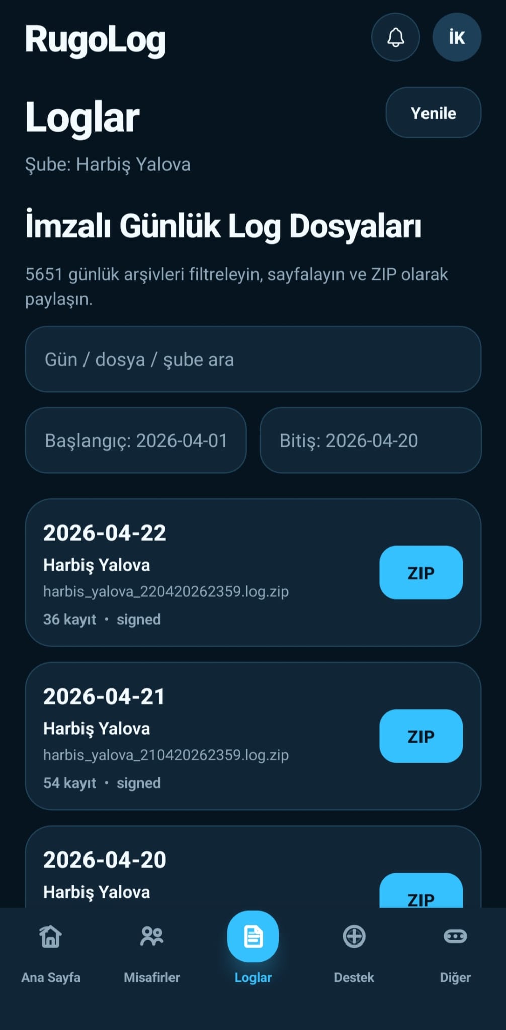 RugoLOG mobil loglar ekranı