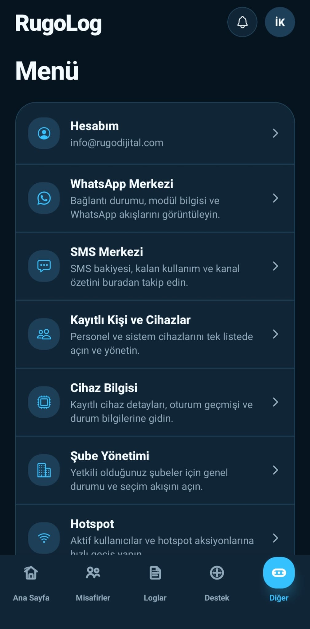 RugoLOG mobil menü ekranı