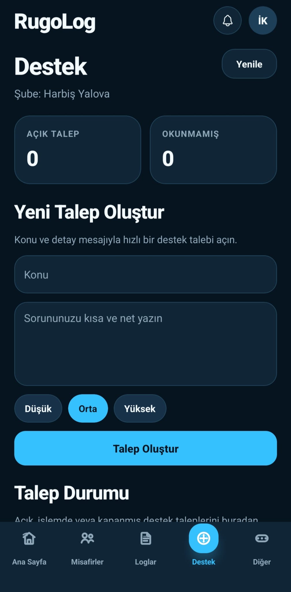 RugoLOG mobil destek ekranı