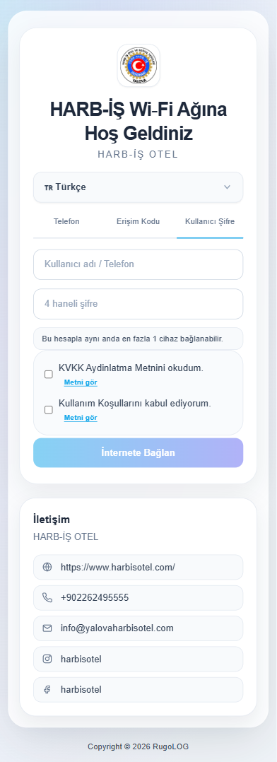 Captive portal telefon ve şifre girişi ekranı